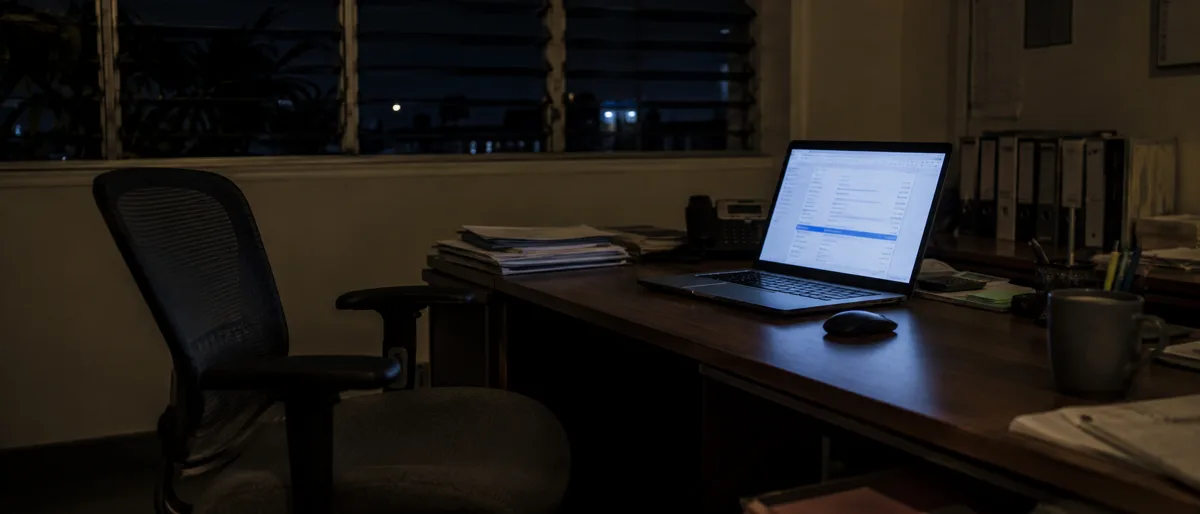 An empty desk after hours, a laptop still open on an email inbox